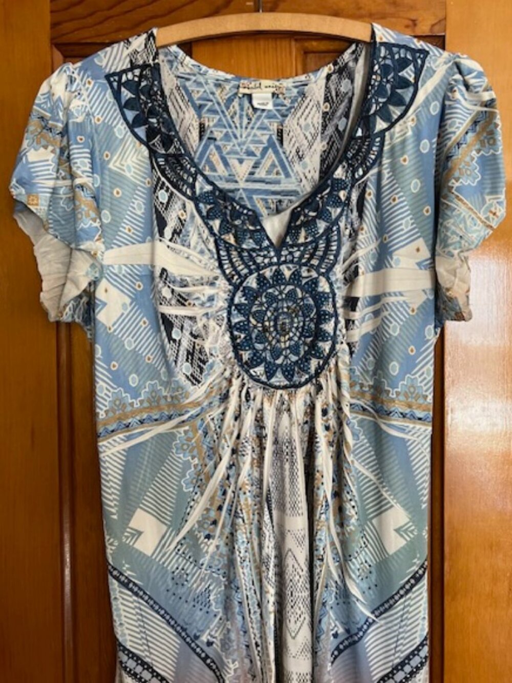 World Unity Women Short SLV Aztec Boho Embroider Blue Geometric Shift Dress XL - Picture 3 of 11